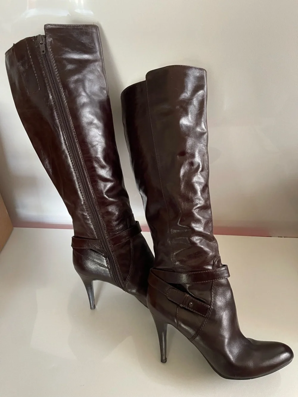 Nine West Tall Brown Leather High-Heel Boots Women’s 9.5M Classic Preppy Fall